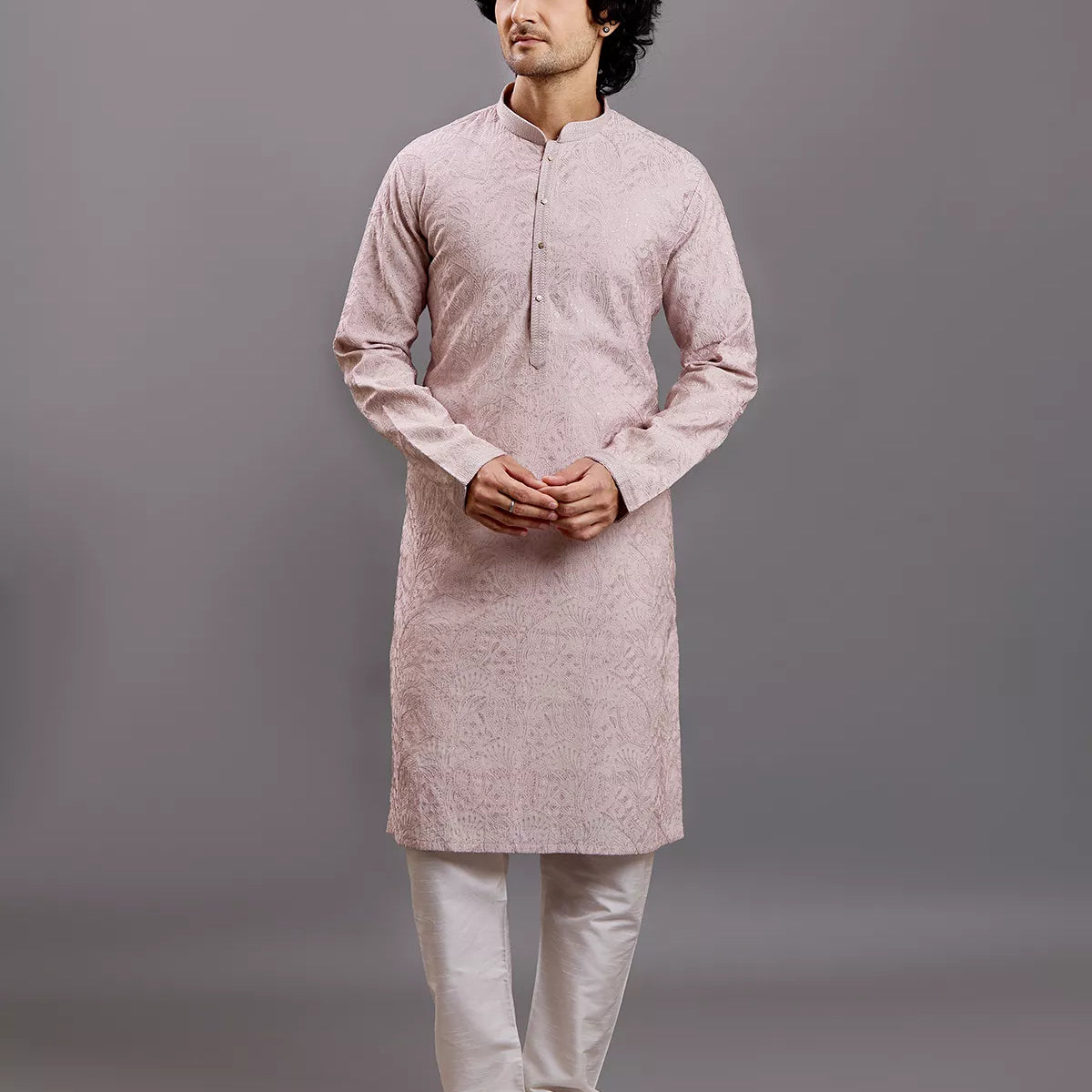 Thread with Embellished work Self Floral Design Cotton Kurta Pajama