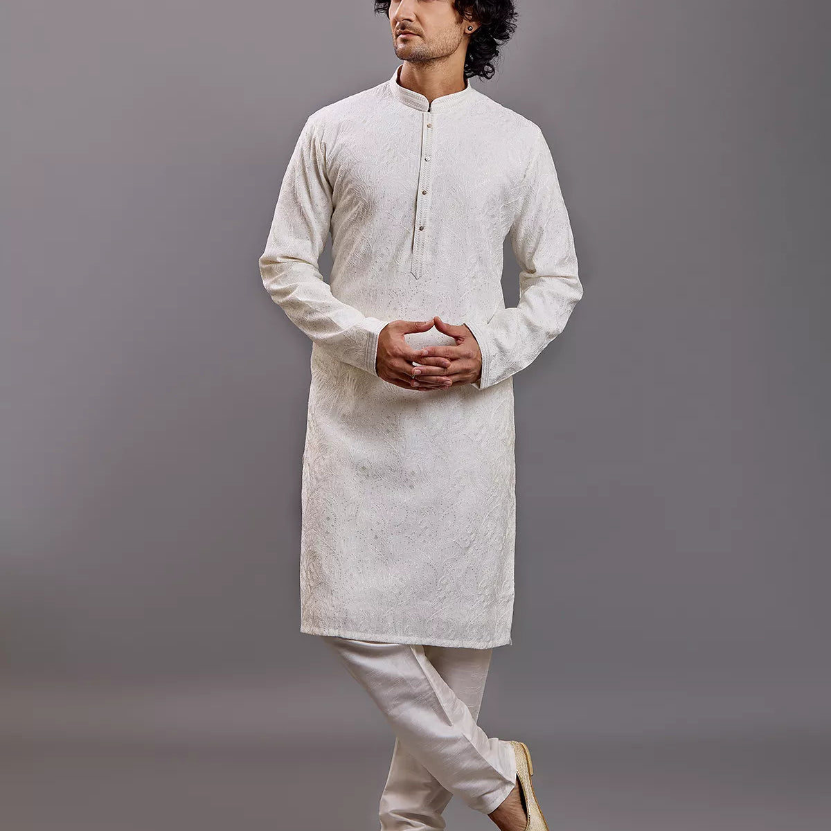 Thread with Embellished work Self Floral Design Cotton Kurta Pajama