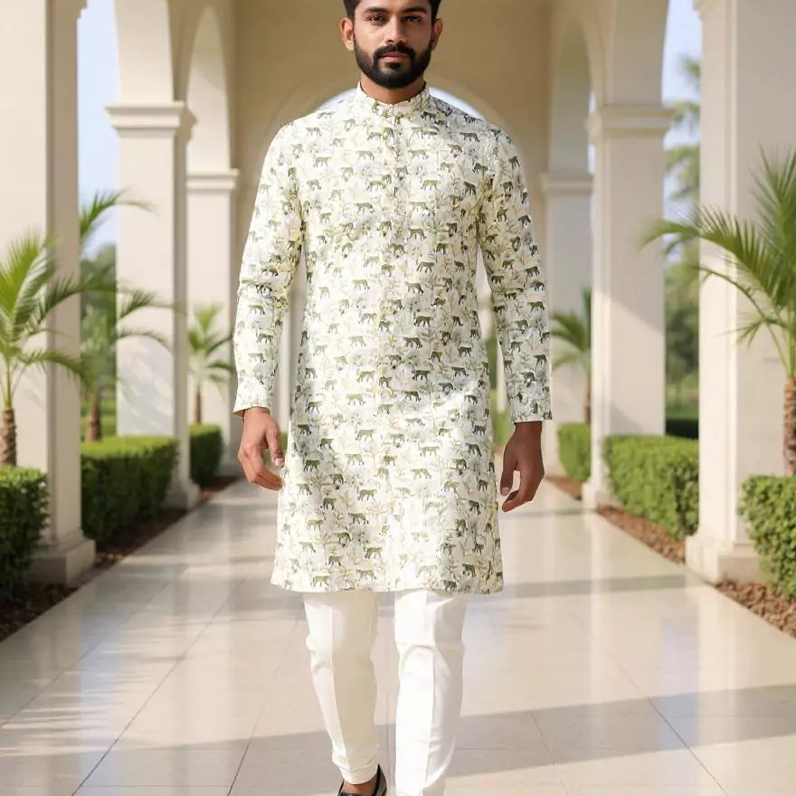 All Over Botanical Print Off White Cotton Kurta