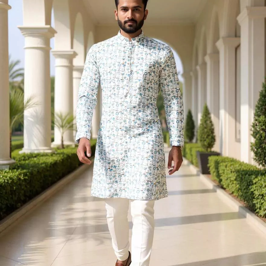 All Over Botanical Print Off White Cotton Kurta