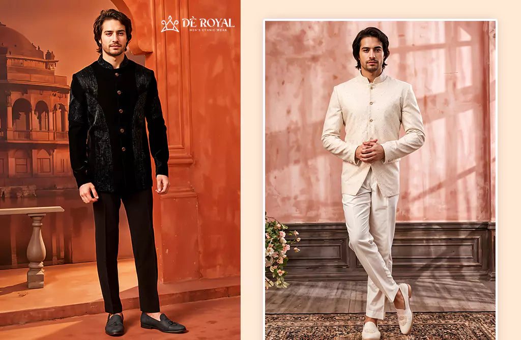 Stylish Groom's Wedding Dress Online in Black Velvet and Beige