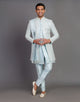 All Over Premium Thread Embroidery Work Raw Silk Indo Western Open Jacket Set With Dupatta