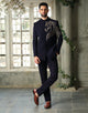 Polynosic Solid Navy Blue Horse Style Cutdana work Bandhgala Suit