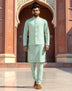 Light Pista Floral Thread Embroidery Giza Cotton Kurta Jacket Set