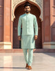 Light Pista Floral Thread Embroidery Giza Cotton Kurta Jacket Set
