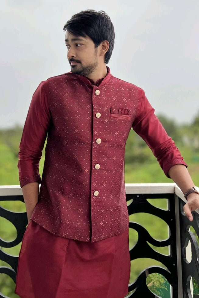 Maroon Rawsilk Kurta With Sequence Work Jacket Set