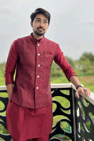 Maroon Rawsilk Kurta With Sequence Work Jacket Set