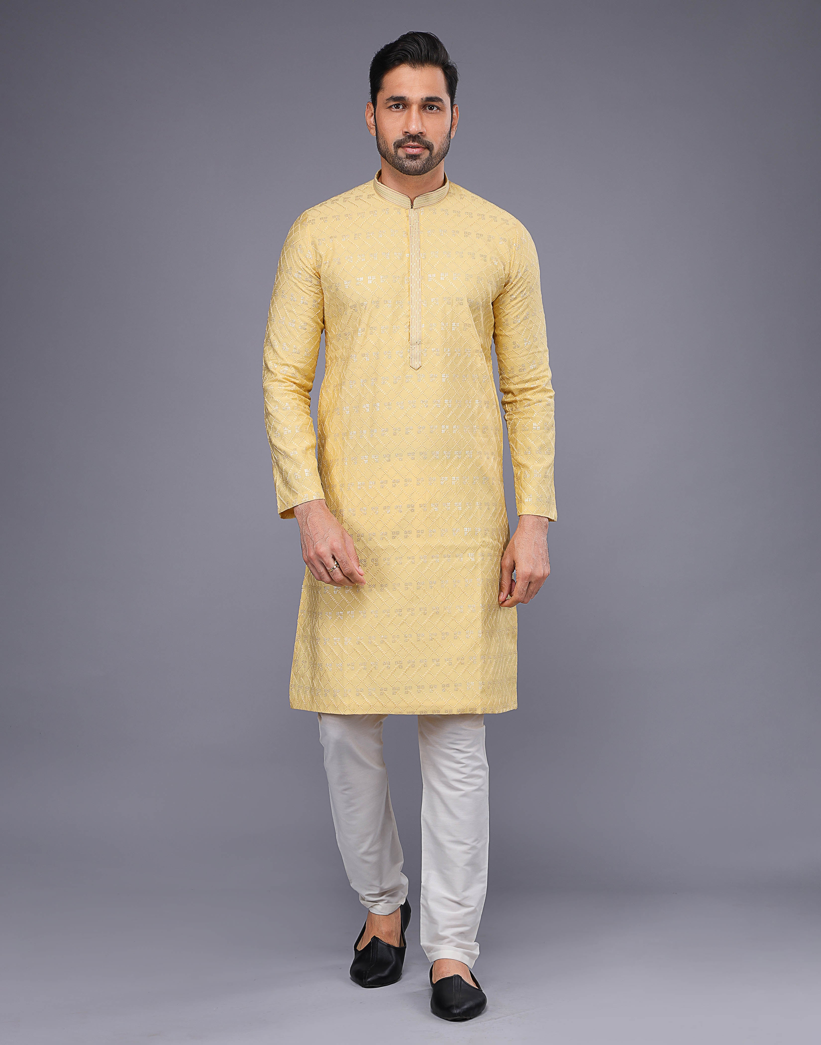 Elegant Light Yellow Embellished with Thread Work Kurta Pajama
