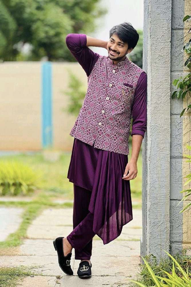 Purple Silk Kurta &  Stylish Embroidery Jacket Set