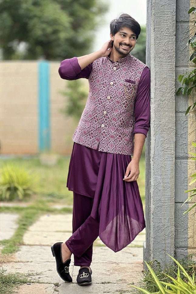 Purple Silk Kurta &  Stylish Embroidery Jacket Set