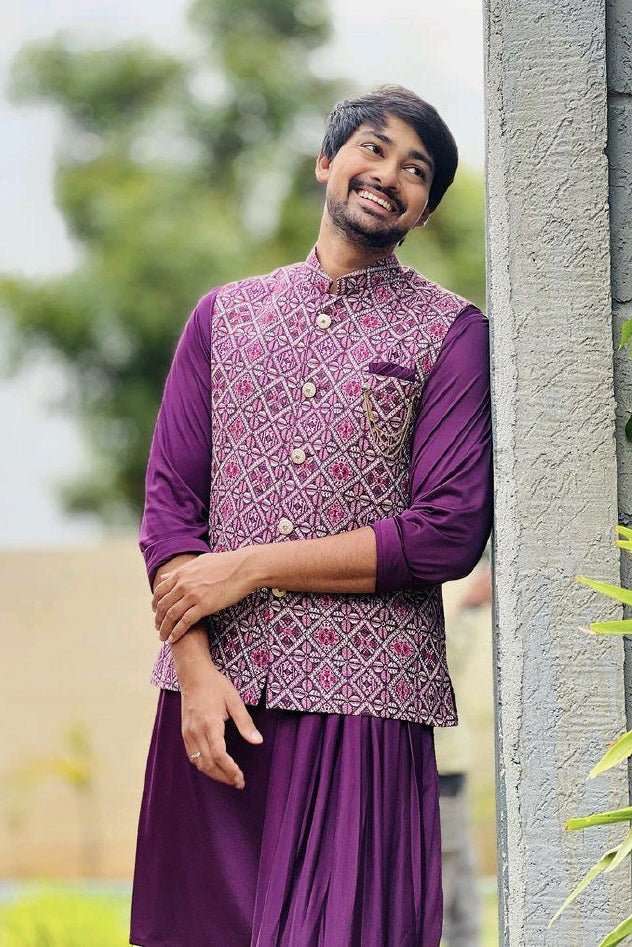 Purple Silk Kurta &  Stylish Embroidery Jacket Set