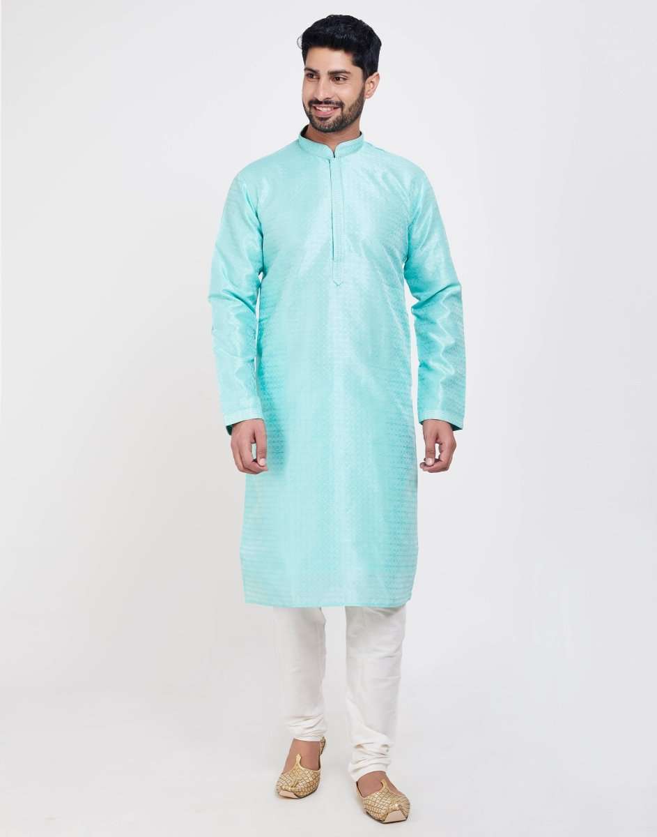 Sky Blue Jacquard Kurtha Pajama Set