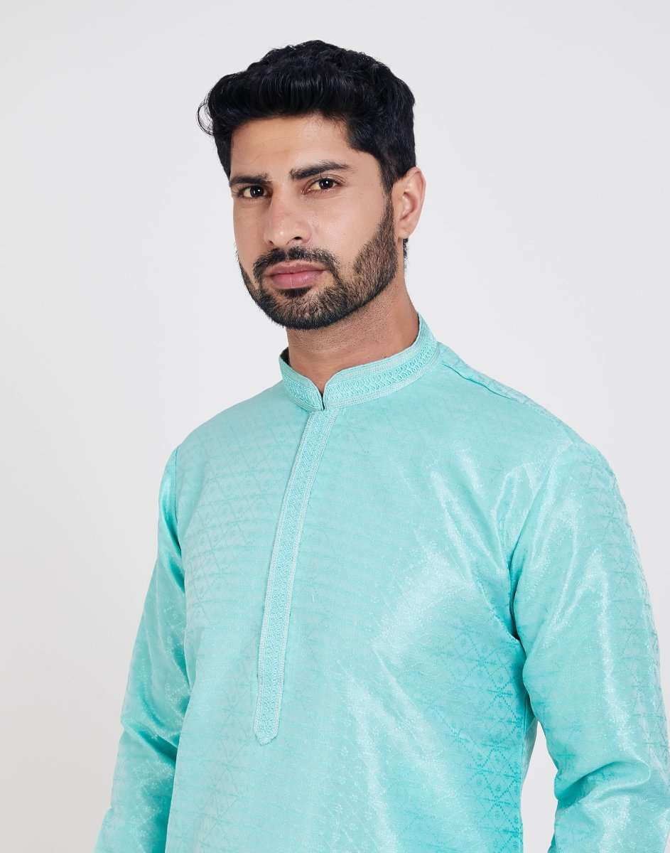 Sky Blue Jacquard Kurtha Pajama Set