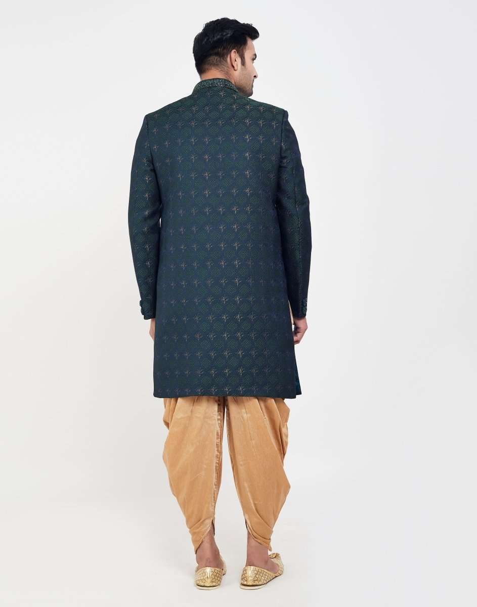 Navy Blue Jacquard And Thread Work Indo Western Sherwani
