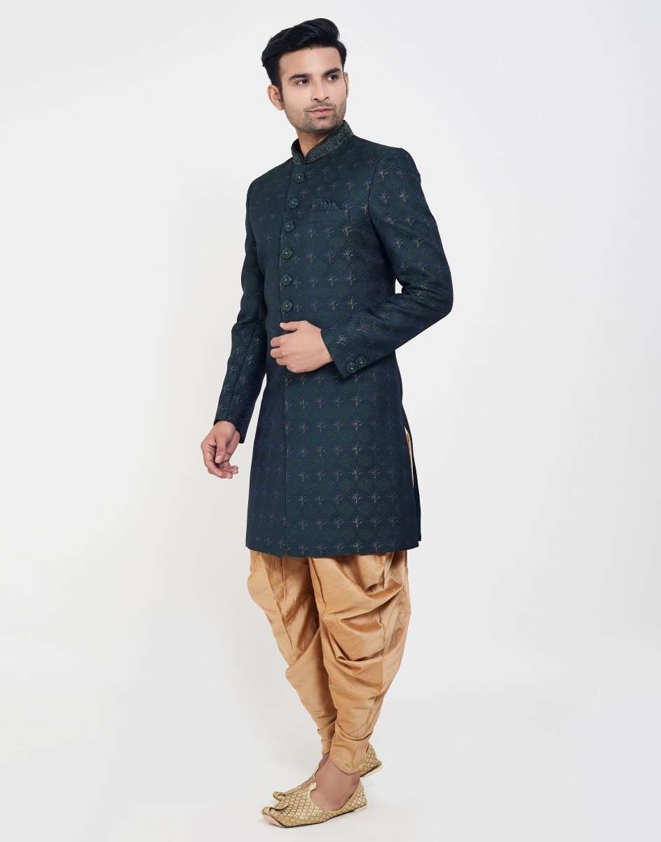 Navy Blue Jacquard And Thread Work Indo Western Sherwani