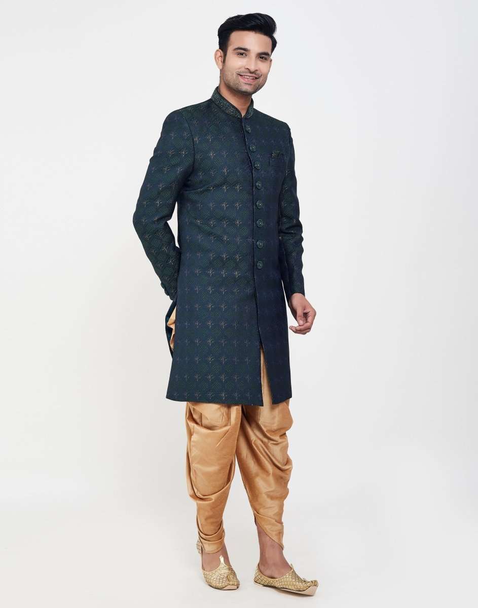Navy Blue Jacquard And Thread Work Indo Western Sherwani