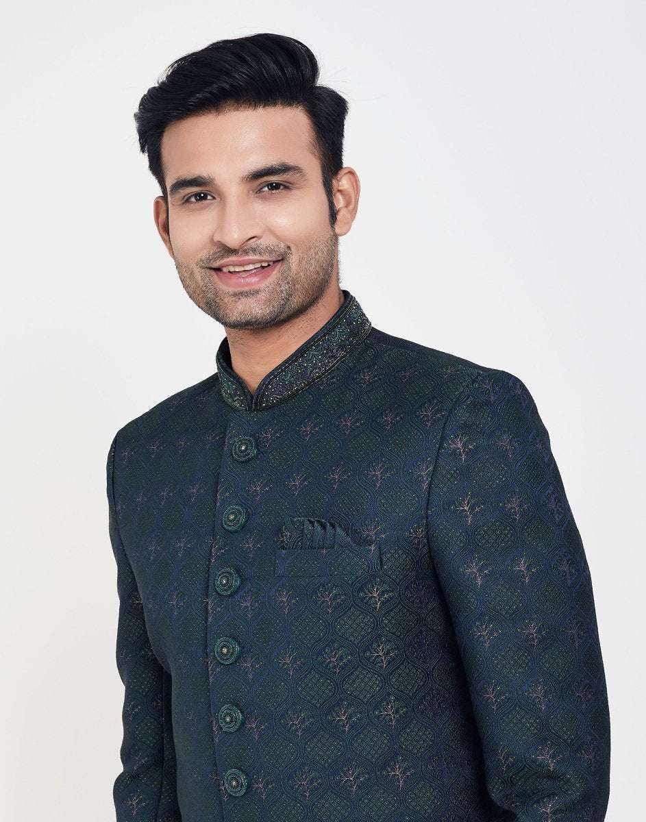 Navy Blue Jacquard And Thread Work Indo Western Sherwani