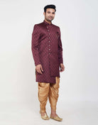 Dark Wine All Over Brocade Design Indo Western Sherwani Set