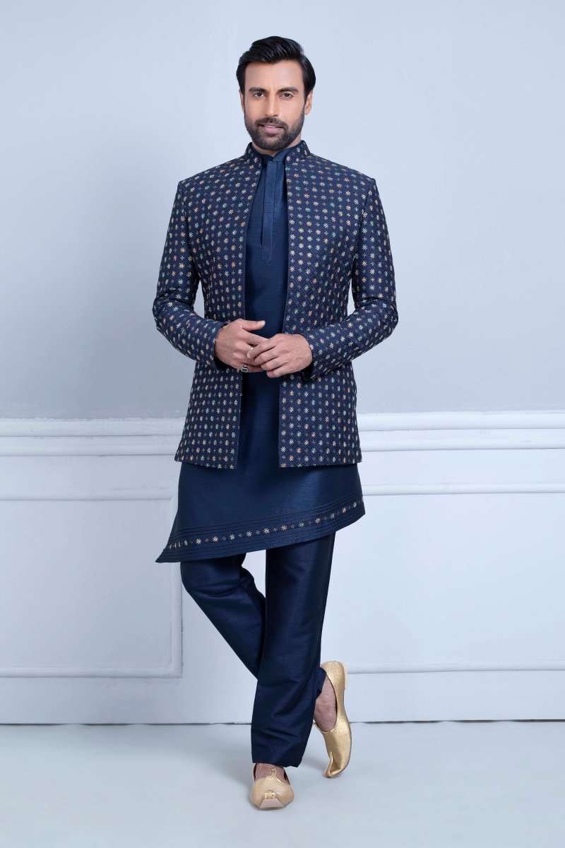 Blue Rawsilk Stylish Indo Open Jacket