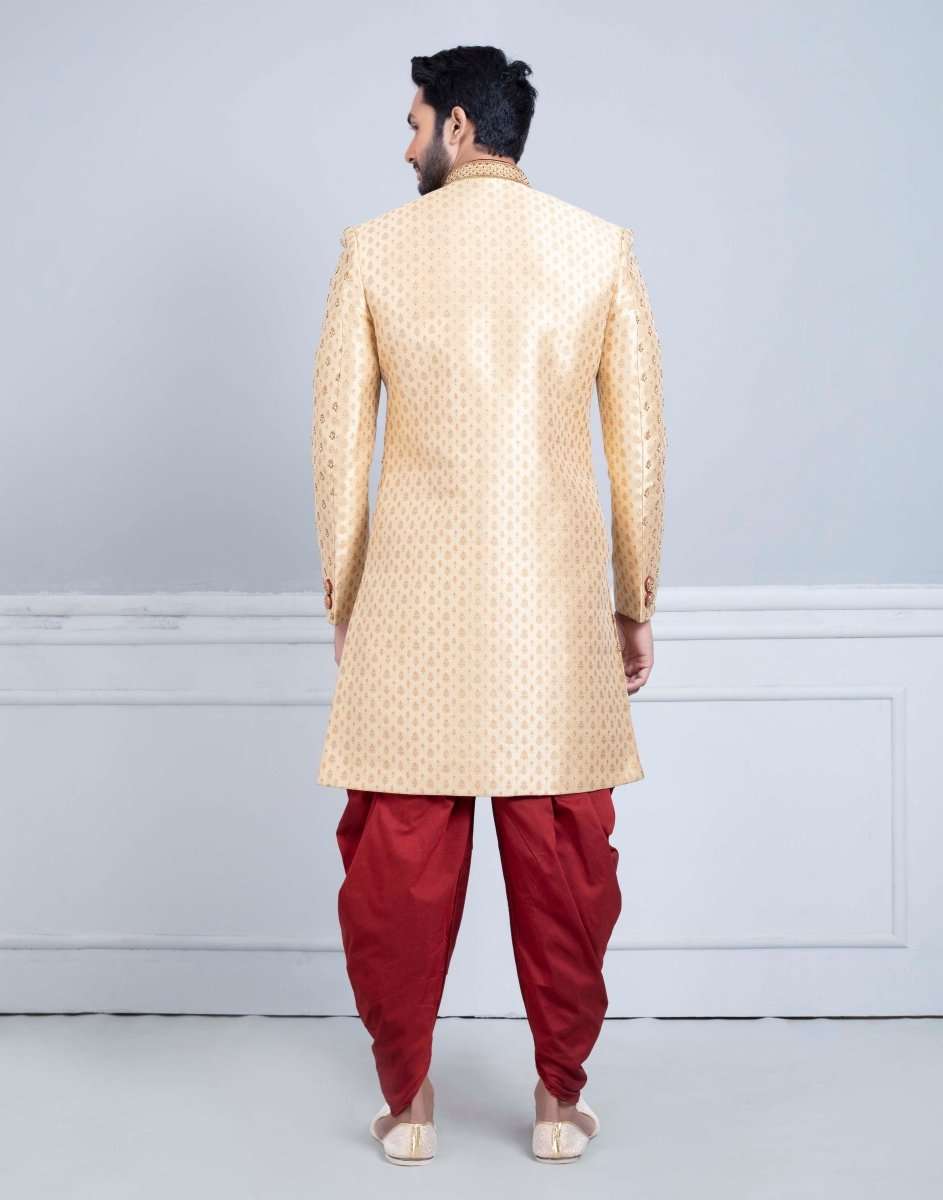 Gold Art Silk All Over Design Sherwani For Wedding