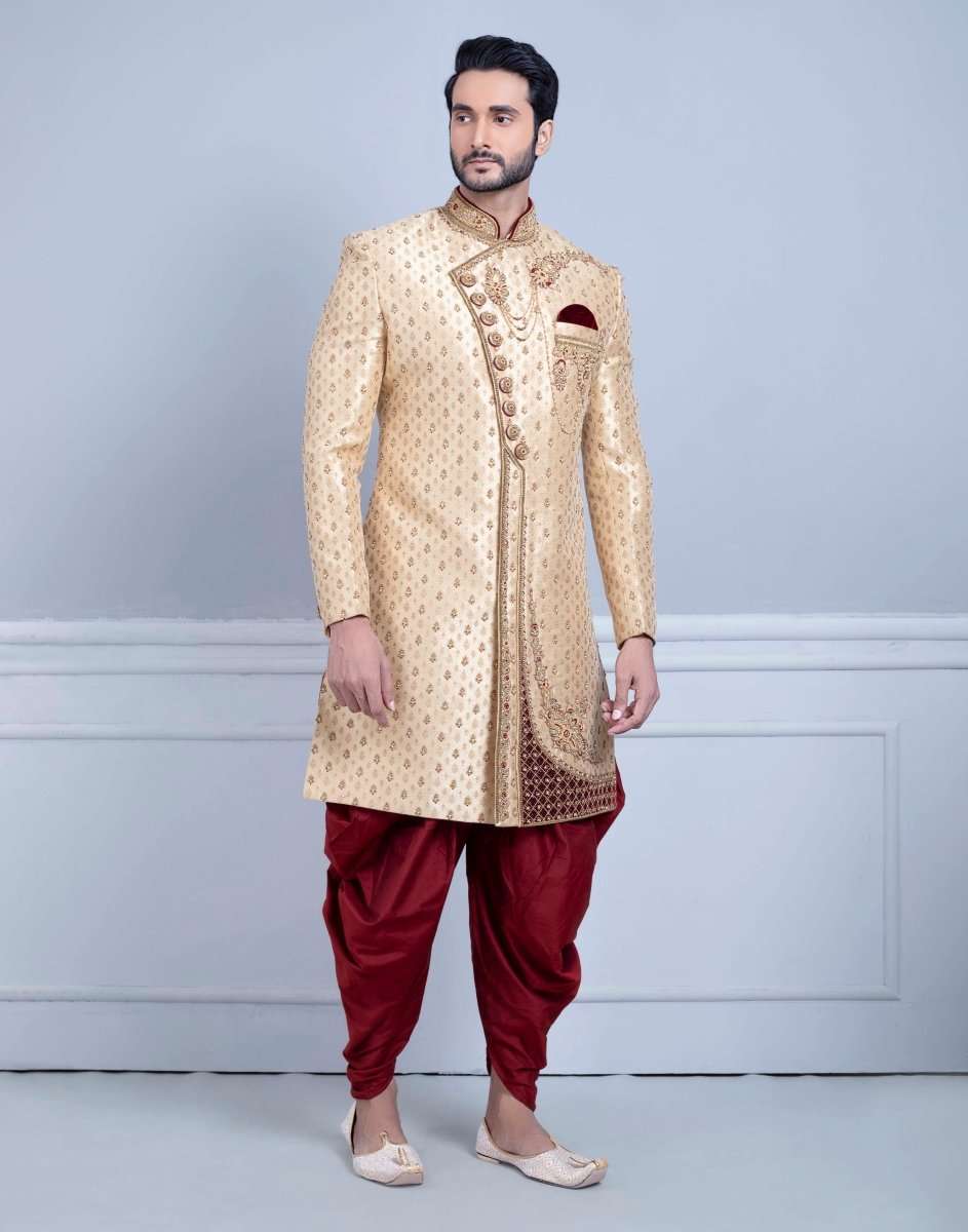 Gold Art Silk All Over Design Sherwani For Wedding