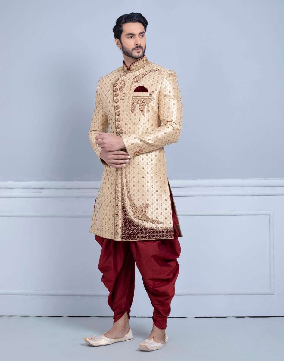 Gold Art Silk All Over Design Sherwani For Wedding