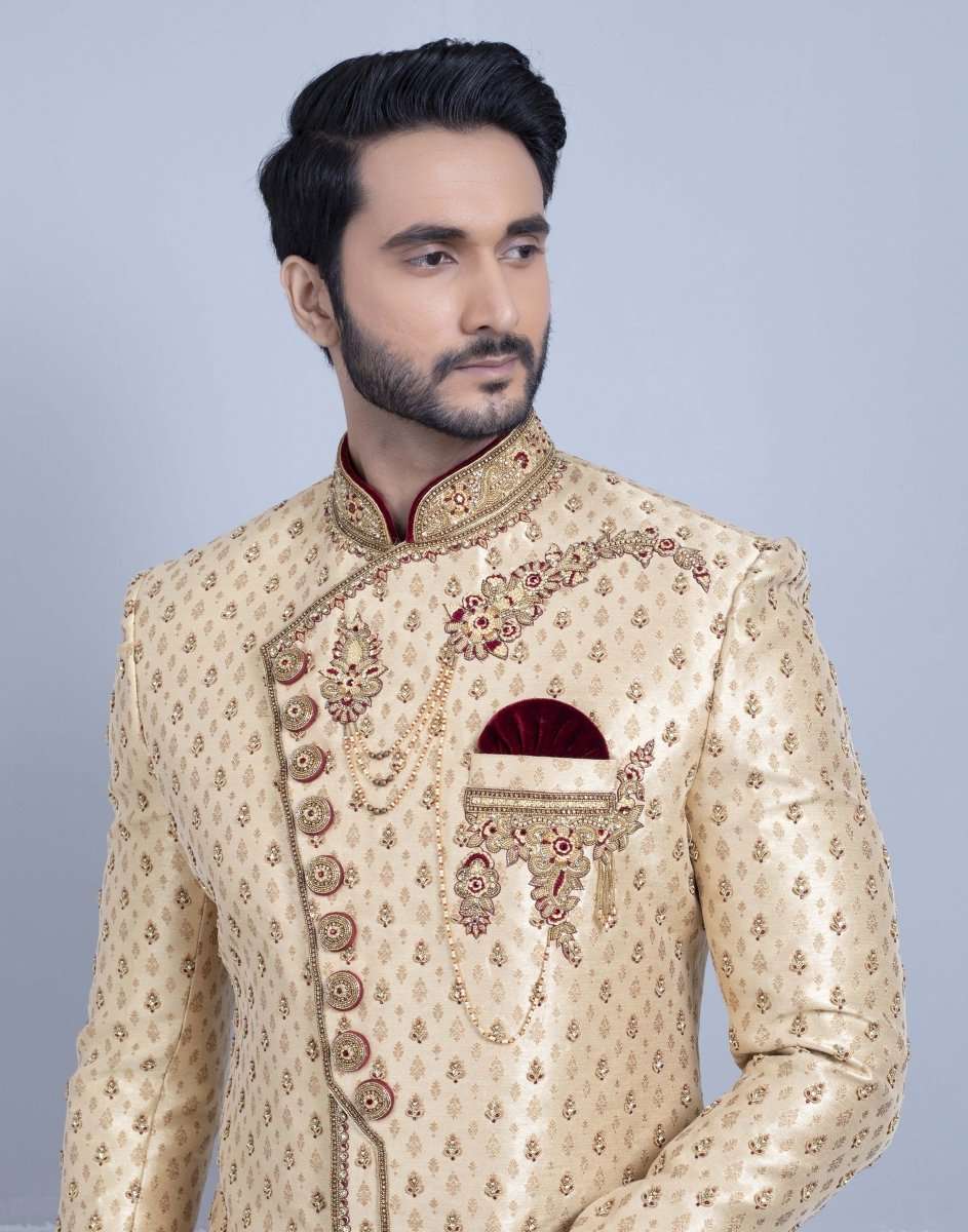 Gold Art Silk All Over Design Sherwani For Wedding