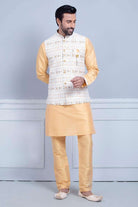 Self Brocade With Printed Soft Silk Kurta Jacket Set