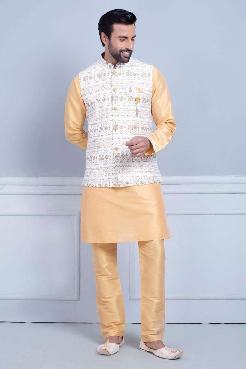 Self Brocade With Printed Soft Silk Kurta Jacket Set