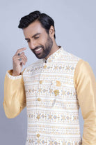 Self Brocade With Printed Soft Silk Kurta Jacket Set