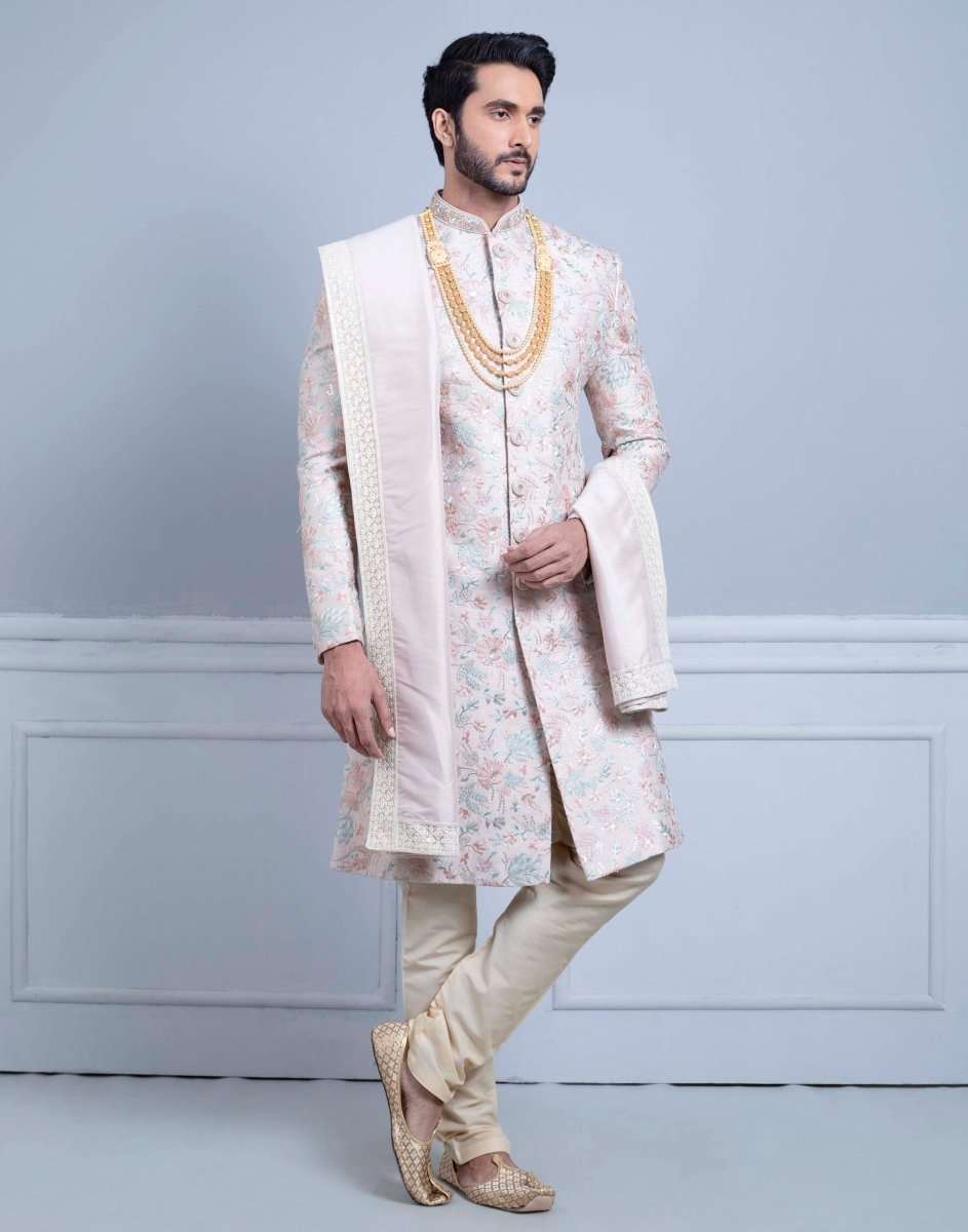 Peach All Over Stunning Embroidery Sherwani Set