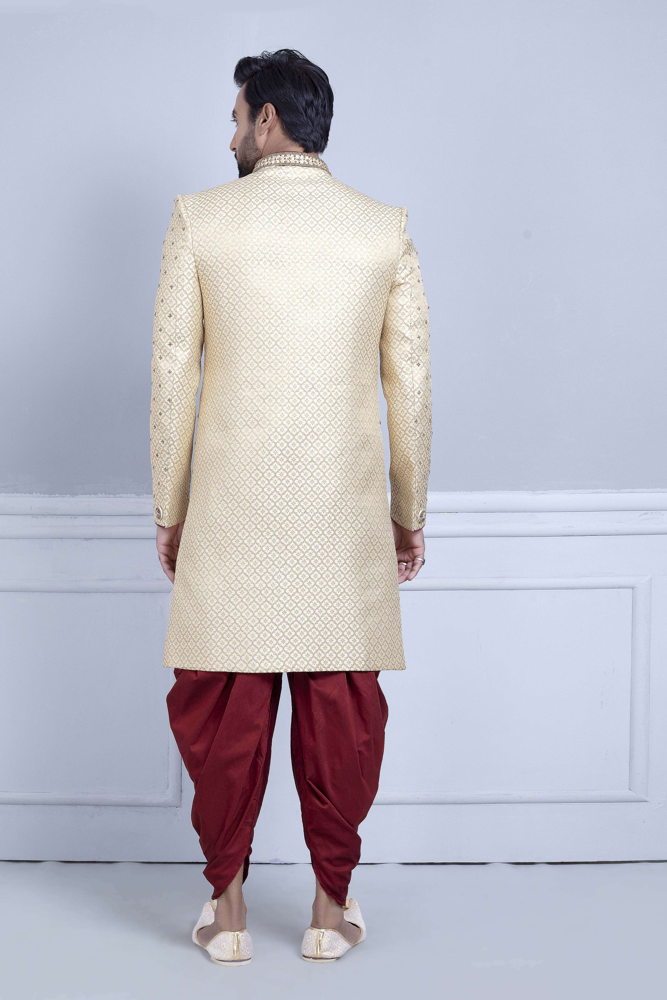 Gold Brocade Zardosi Cross Pattern Sherwani