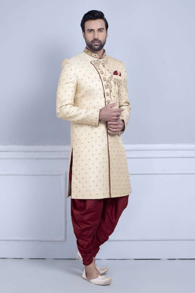 Gold Brocade Zardosi Cross Pattern Sherwani