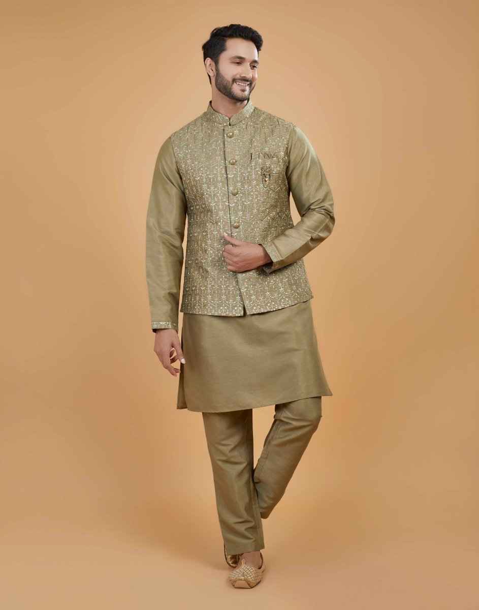 All Over Thread Embroidery Work Kurta Jacket Set