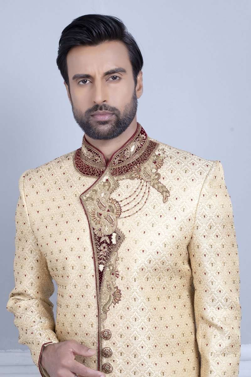 Gold Self Design Zardosi Work Sherwani For Wedding