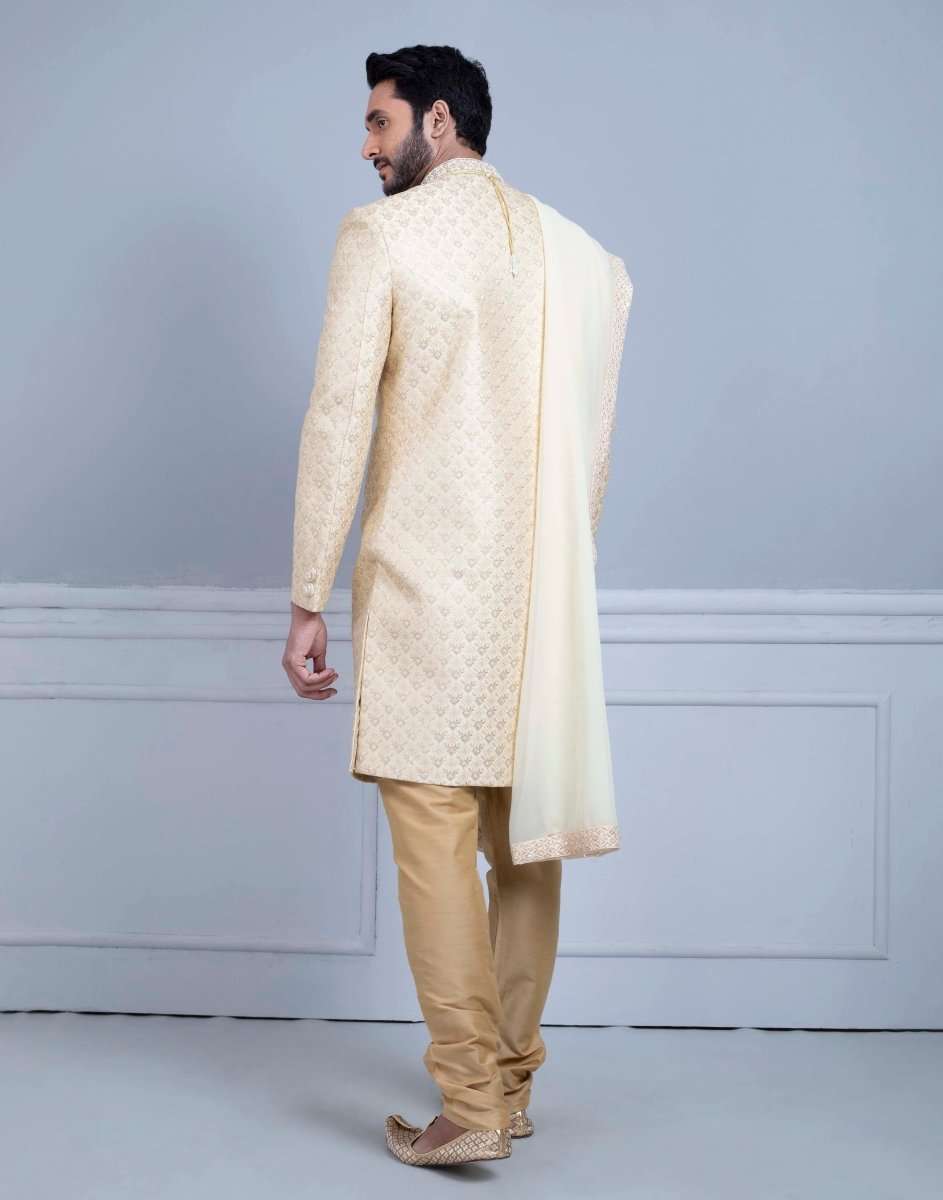 Fawn Art Silk Sherwani With Dupatta