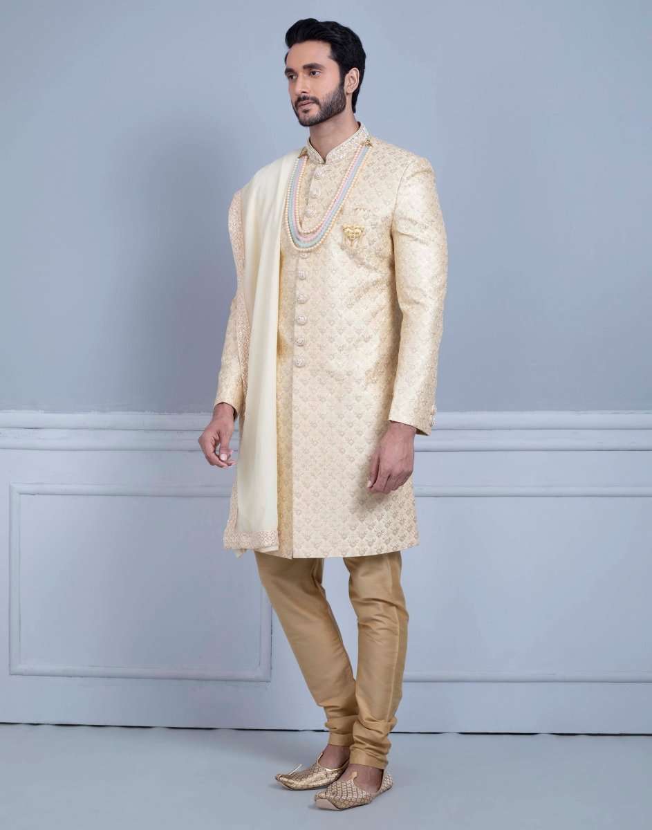 Fawn Art Silk Sherwani With Dupatta