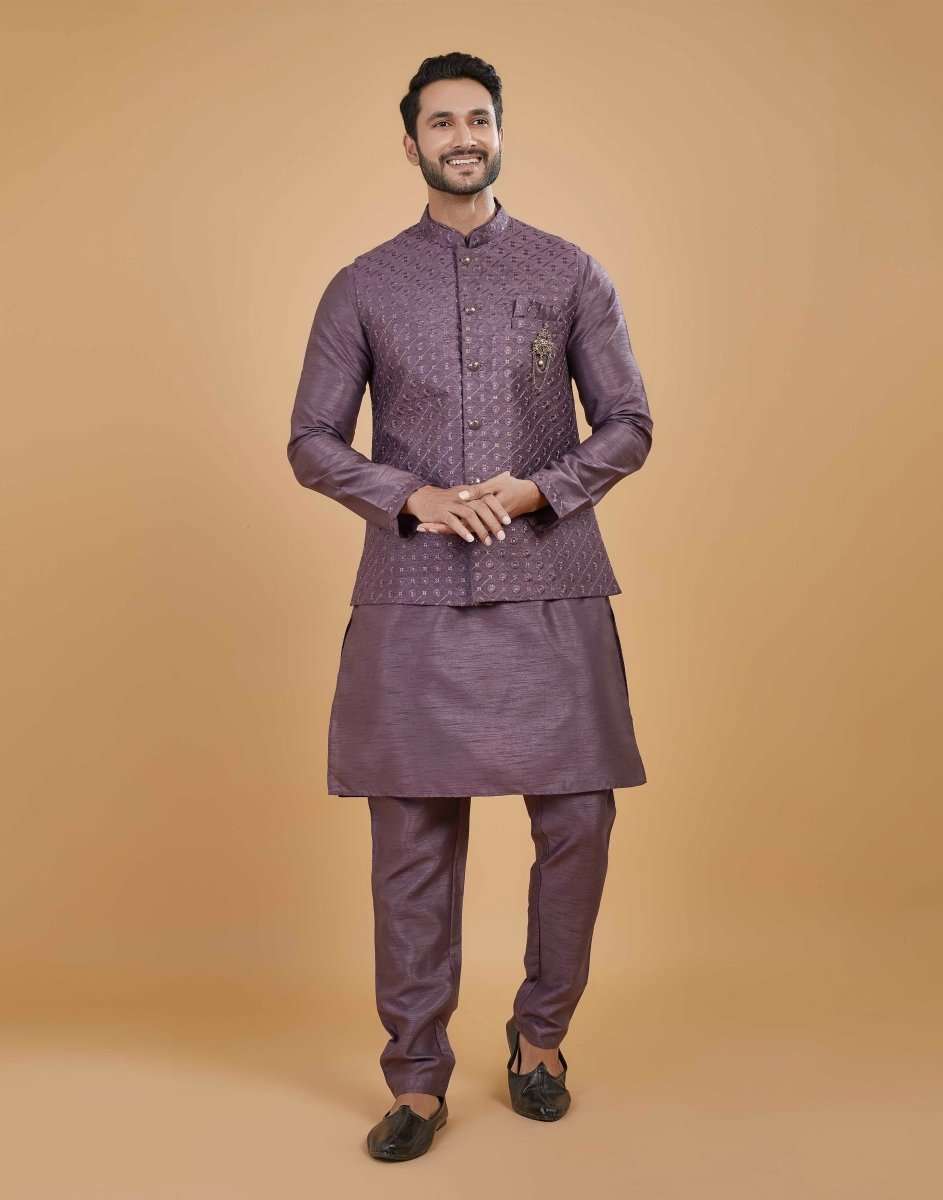 Rawsilk Thread Embroidery Kurta Jacket Set