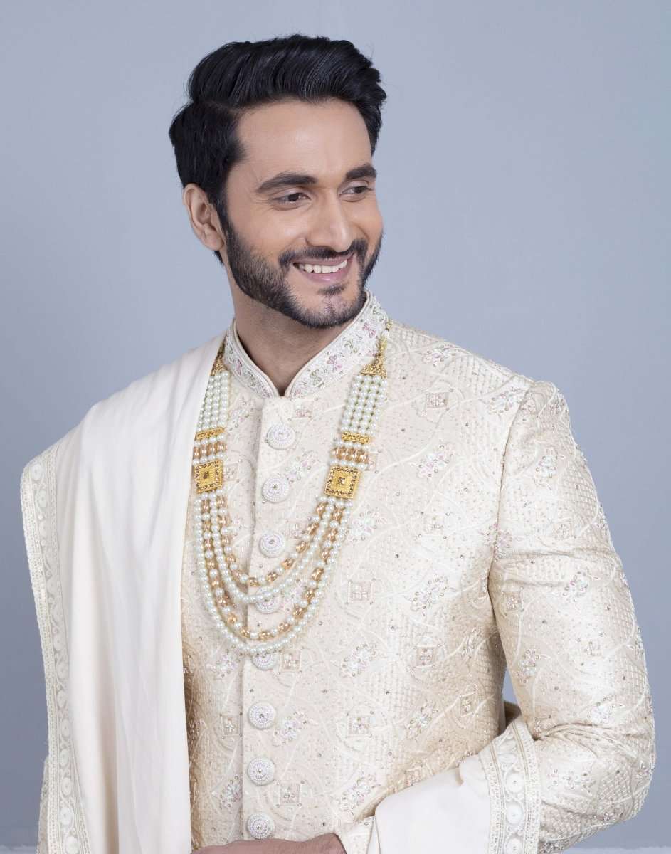 Cream Art Silk Embroidery With Sequence Work Sherwani