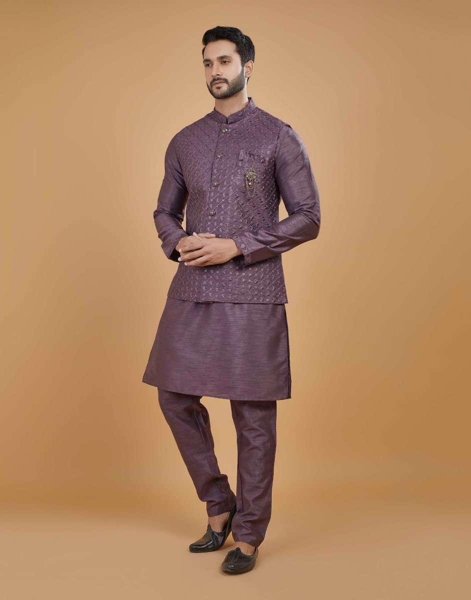 Rawsilk Thread Embroidery Kurta Jacket Set