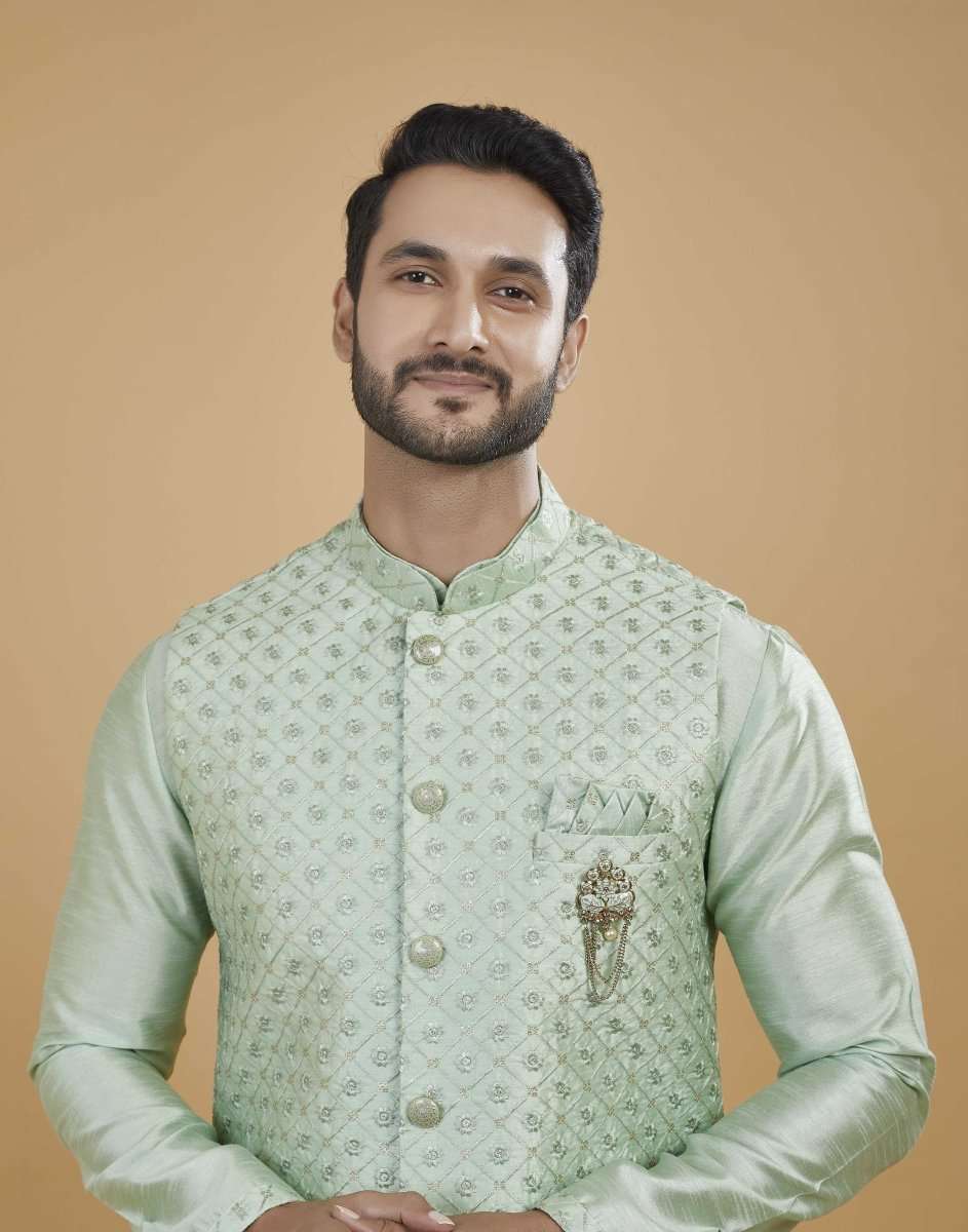 Rawsilk Thread Embroidery Kurta Jacket Set