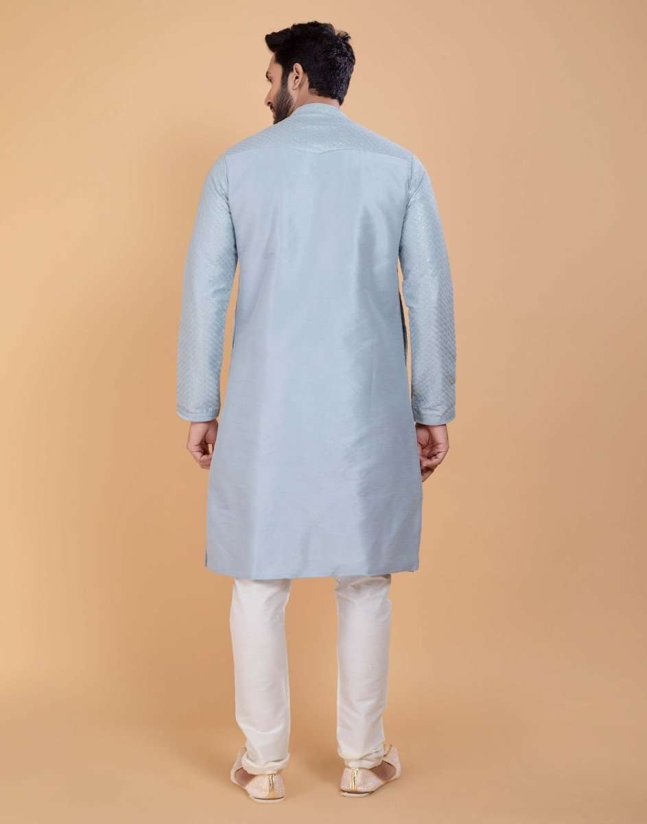 Soft Silk Fabric With All Silver Zari Work Kurta Set