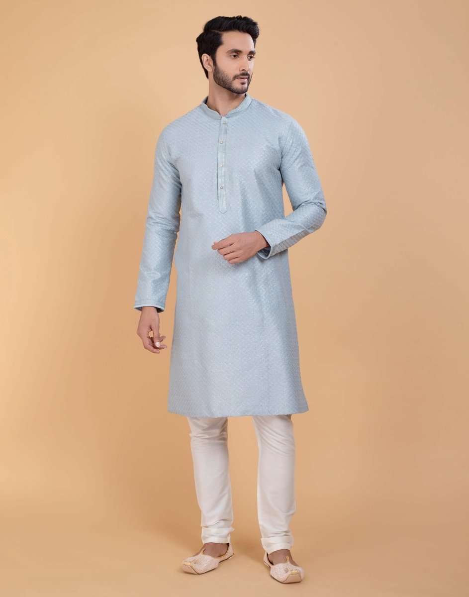 Soft Silk Fabric With All Silver Zari Work Kurta Set