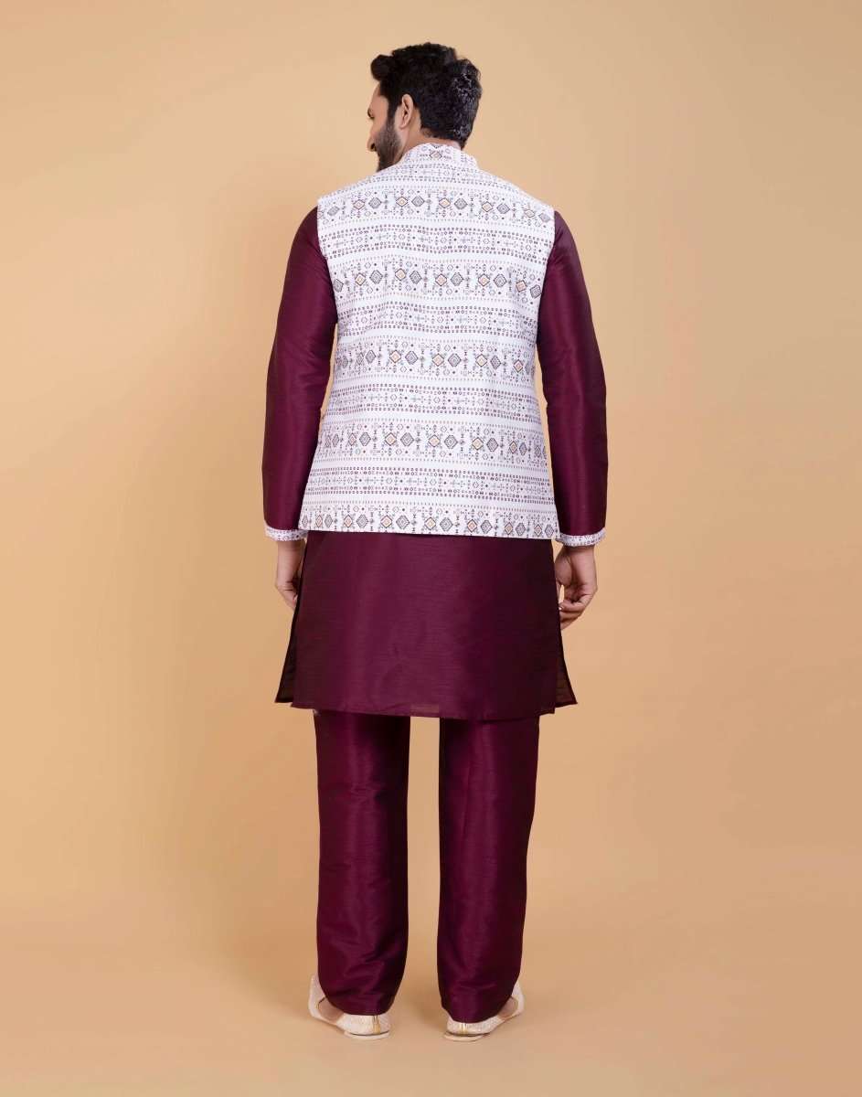 Self Brocade With Printed Soft Silk Kurta Jacket Set