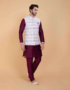 Self Brocade With Printed Soft Silk Kurta Jacket Set