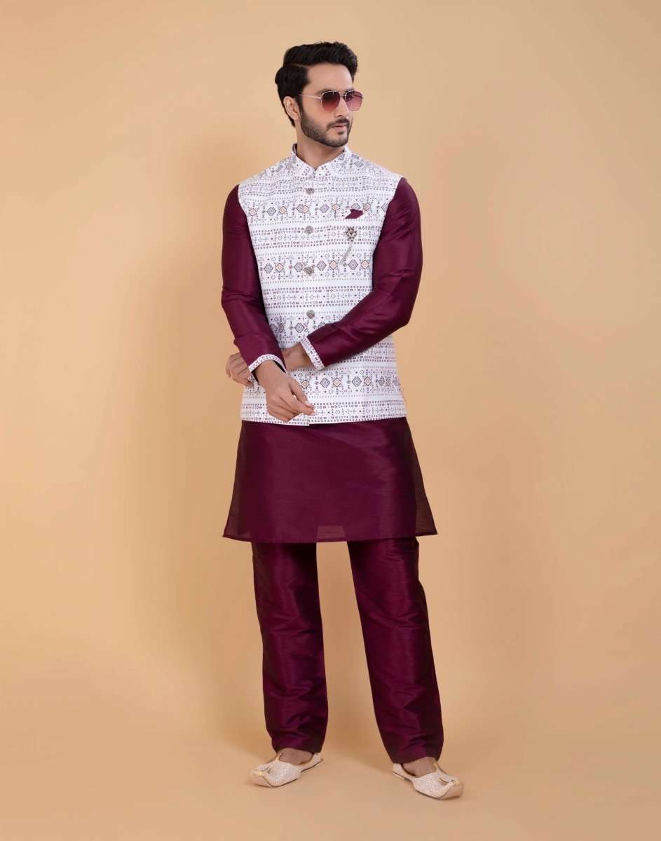 Self Brocade With Printed Soft Silk Kurta Jacket Set