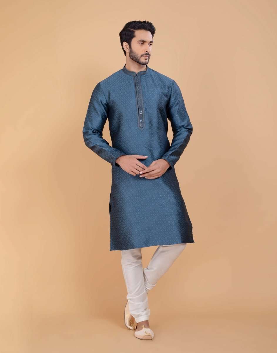 Self Jacquard All Over Printed With Collar Work Kurta Set