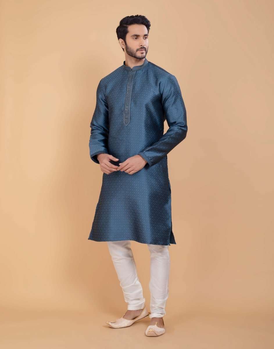 Self Jacquard All Over Printed With Collar Work Kurta Set