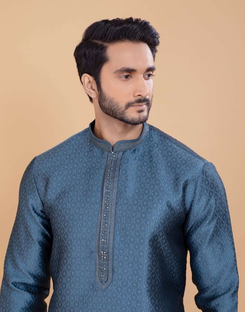 Self Jacquard All Over Printed With Collar Work Kurta Set