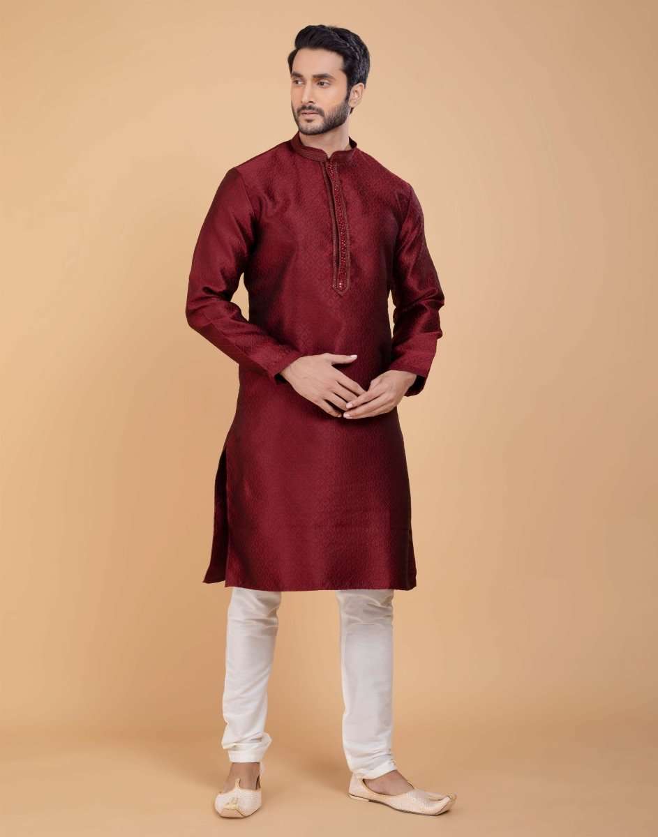 Self Jacquard All Over Printed With Collar Work Kurta Set